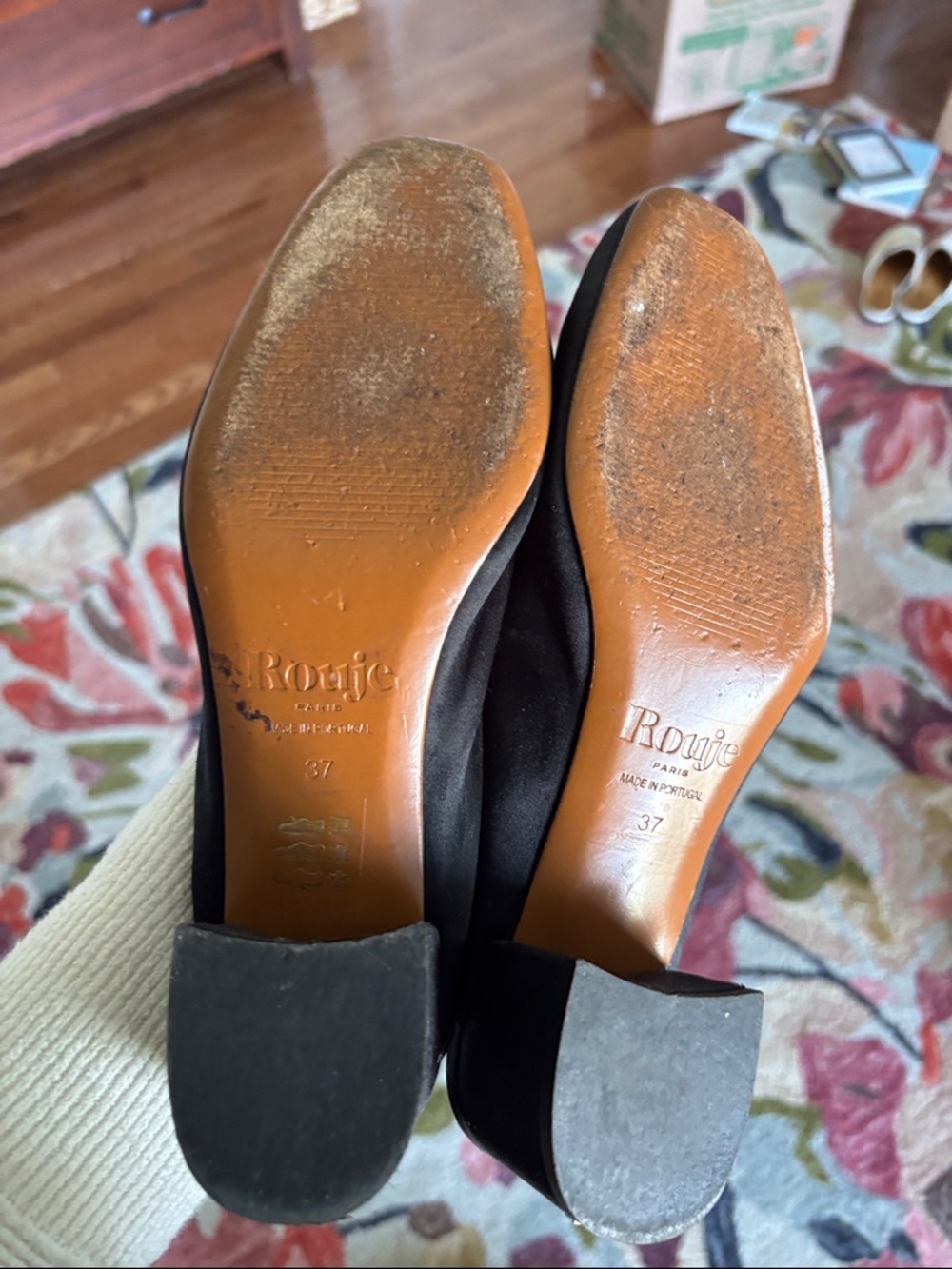 Rouje Black Satin Square-Toe Flats with Bow Accent - Picture 3 of 3